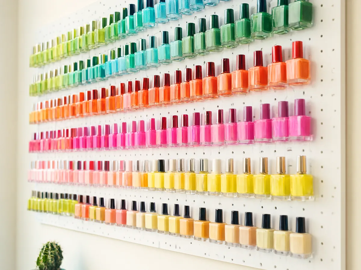 A white pegboard of nail polish in lime, turquoise, tangerine, coral and pink