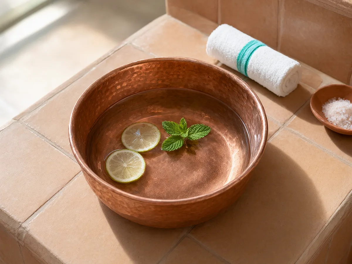 A copper pedicure basin with lime slices and mint on terracotta tile