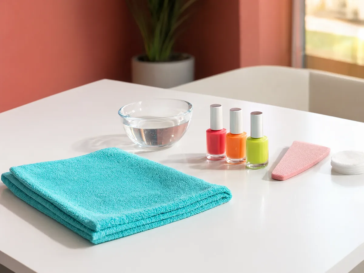 A white manicure table with a folded turquoise towel and coral, tangerine and lime polish